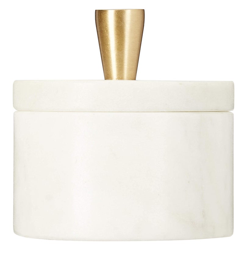Queenza White Marble Salt Cellar with Lid and Brass Knob, 3 Inch Salt Box - Image 1